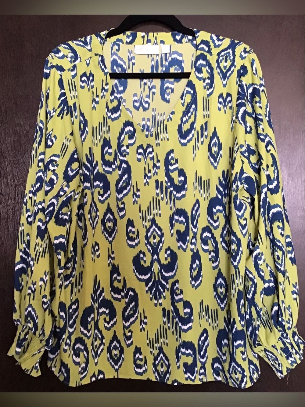 Belle by Kim Gravel Green and Navy Patterned Blouse
